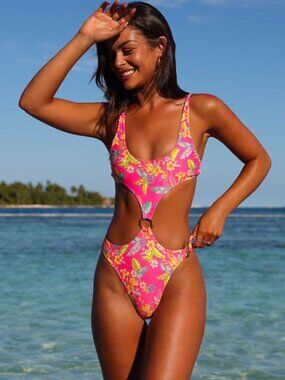Kulani Kinis NWT Viva Vacation Hot Pink Floral One Piece Cut Out Swimsuit size L